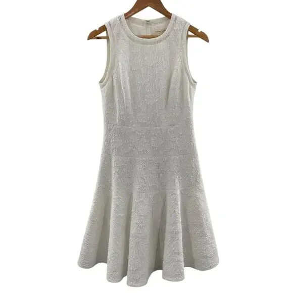 Rebecca Taylor Jacquard Knit Sleeveless White Tonal Floral Fit & Flare Dress 4 - Picture 2 of 15